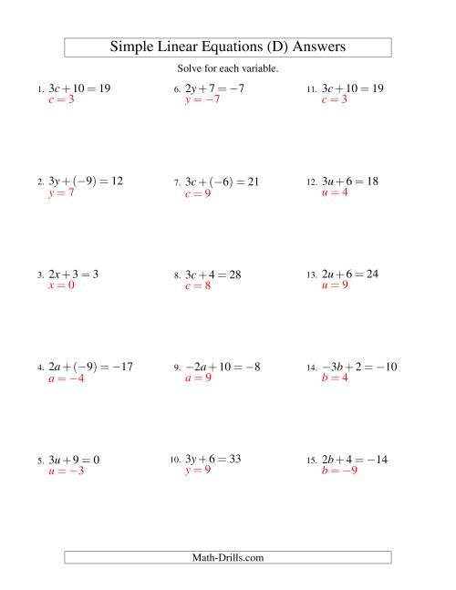 The Solving Linear Equations (Including Negative Values) -- Form ax + b = c (D) Math Worksheet Page 2