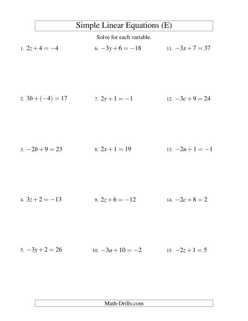 The Solving Linear Equations (Including Negative Values) -- Form ax + b = c (E) Math Worksheet