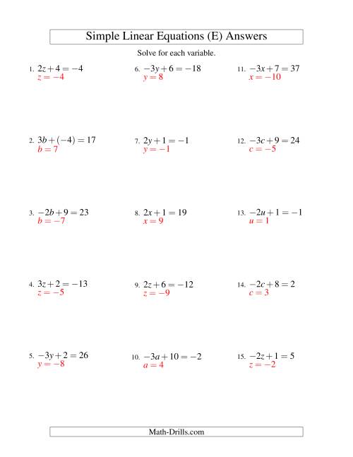 The Solving Linear Equations (Including Negative Values) -- Form ax + b = c (E) Math Worksheet Page 2