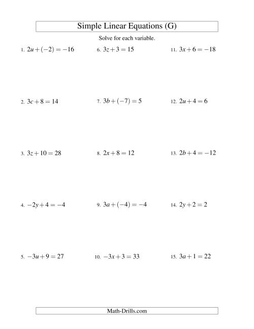 The Solving Linear Equations (Including Negative Values) -- Form ax + b = c (G) Math Worksheet