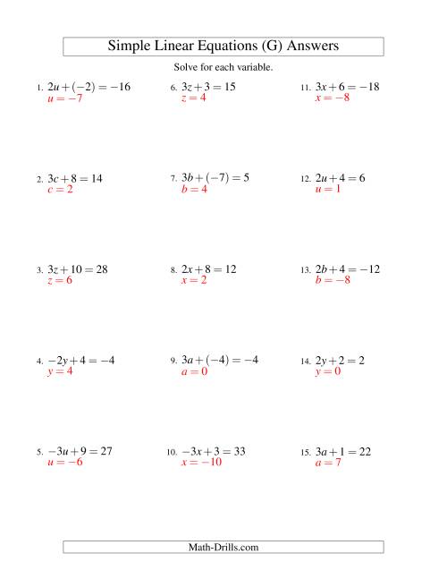 The Solving Linear Equations (Including Negative Values) -- Form ax + b = c (G) Math Worksheet Page 2