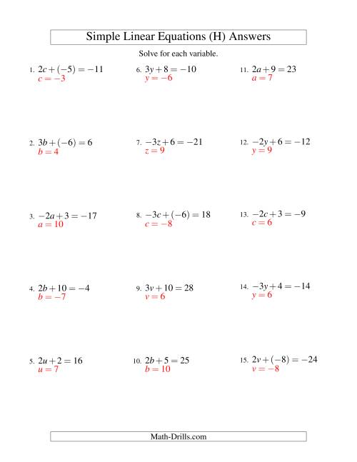 The Solving Linear Equations (Including Negative Values) -- Form ax + b = c (H) Math Worksheet Page 2