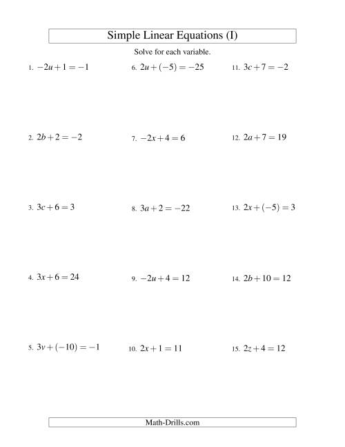 The Solving Linear Equations (Including Negative Values) -- Form ax + b = c (I) Math Worksheet