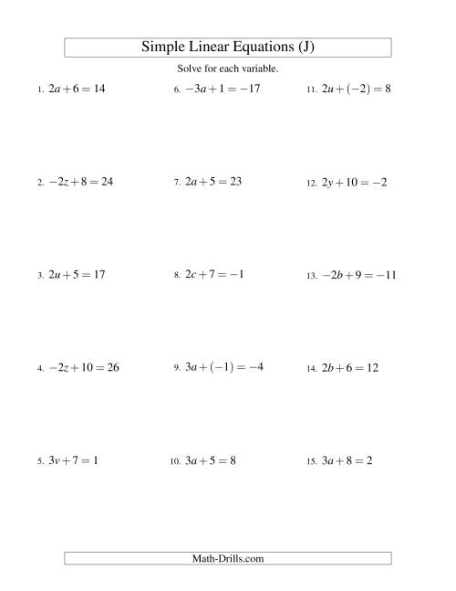 The Solving Linear Equations (Including Negative Values) -- Form ax + b = c (J) Math Worksheet