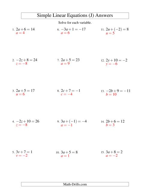 The Solving Linear Equations (Including Negative Values) -- Form ax + b = c (J) Math Worksheet Page 2