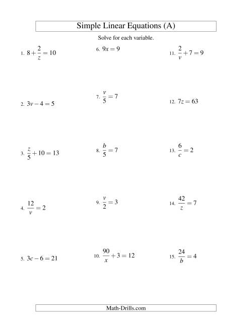 The Solving Linear Equations -- Form ax + b = c Variations (A) Math Worksheet