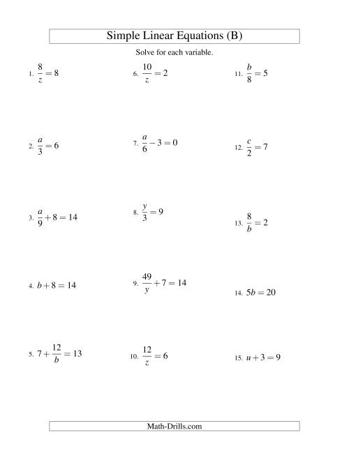 The Solving Linear Equations -- Form ax + b = c Variations (B) Math Worksheet