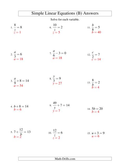 The Solving Linear Equations -- Form ax + b = c Variations (B) Math Worksheet Page 2