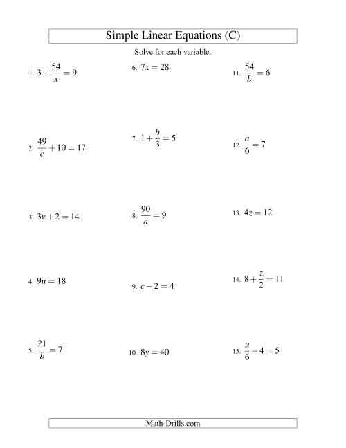 The Solving Linear Equations -- Form ax + b = c Variations (C) Math Worksheet