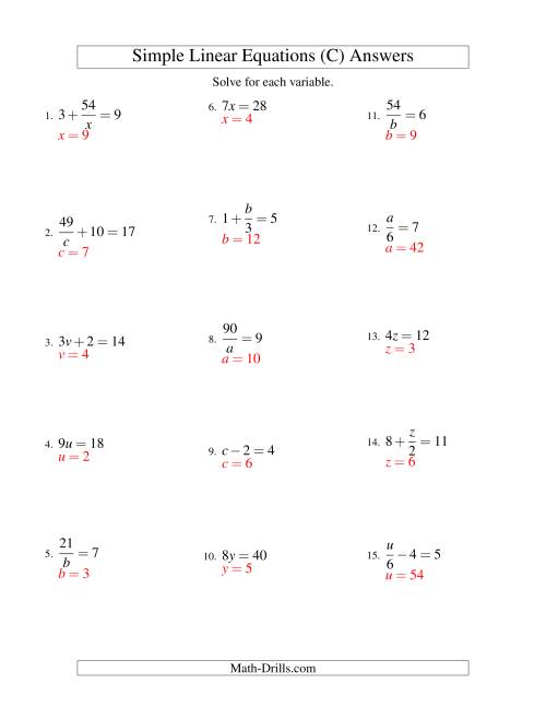 The Solving Linear Equations -- Form ax + b = c Variations (C) Math Worksheet Page 2