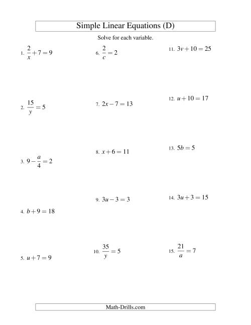 The Solving Linear Equations -- Form ax + b = c Variations (D) Math Worksheet