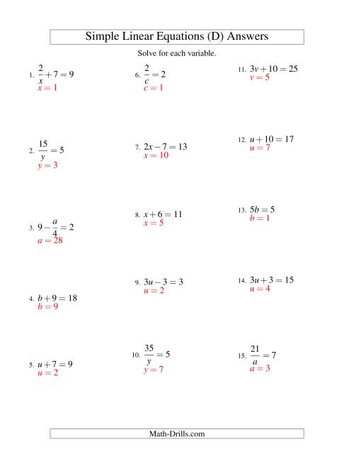 The Solving Linear Equations -- Form ax + b = c Variations (D) Math Worksheet Page 2