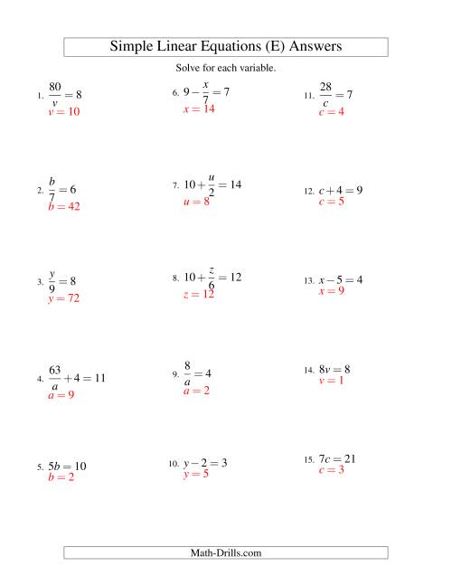 The Solving Linear Equations -- Form ax + b = c Variations (E) Math Worksheet Page 2