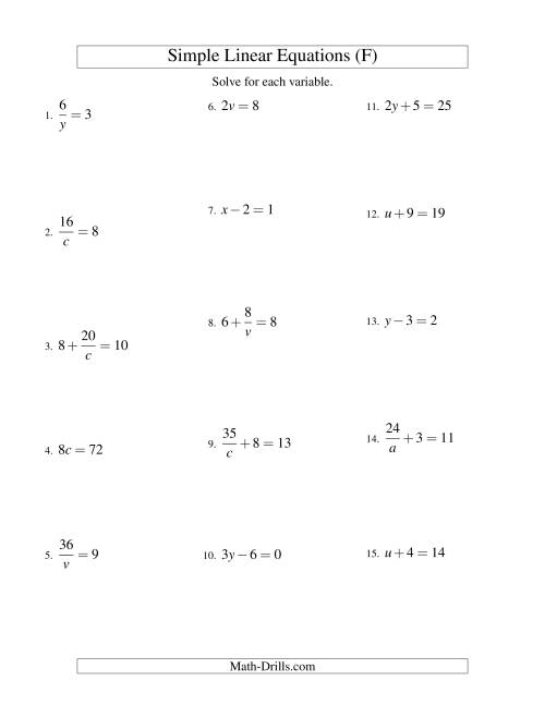 The Solving Linear Equations -- Form ax + b = c Variations (F) Math Worksheet