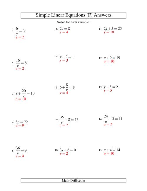 The Solving Linear Equations -- Form ax + b = c Variations (F) Math Worksheet Page 2