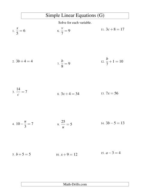 The Solving Linear Equations -- Form ax + b = c Variations (G) Math Worksheet