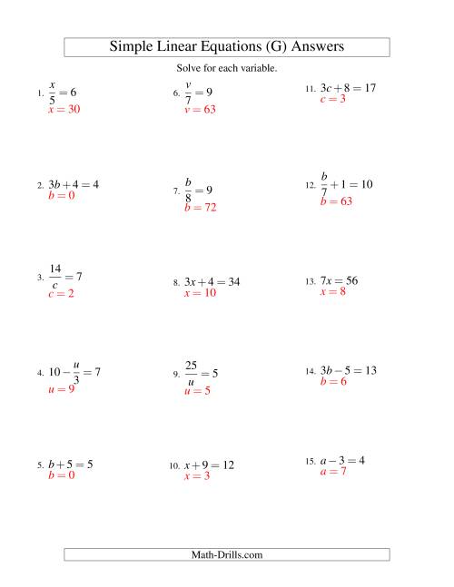 The Solving Linear Equations -- Form ax + b = c Variations (G) Math Worksheet Page 2