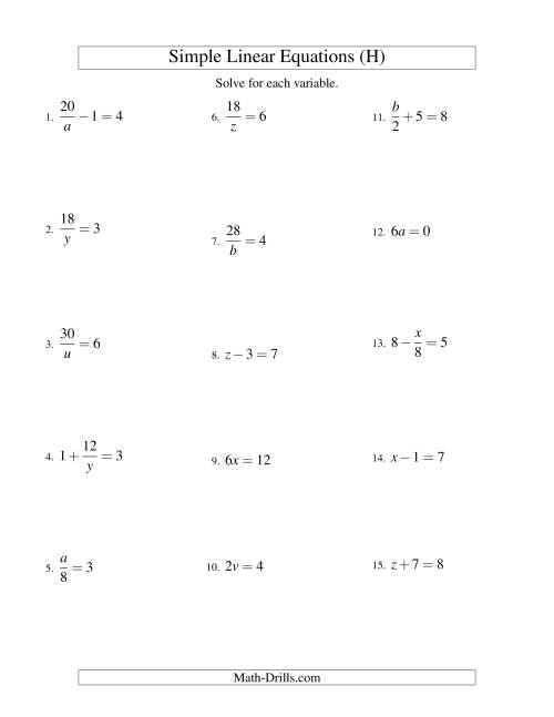 The Solving Linear Equations -- Form ax + b = c Variations (H) Math Worksheet
