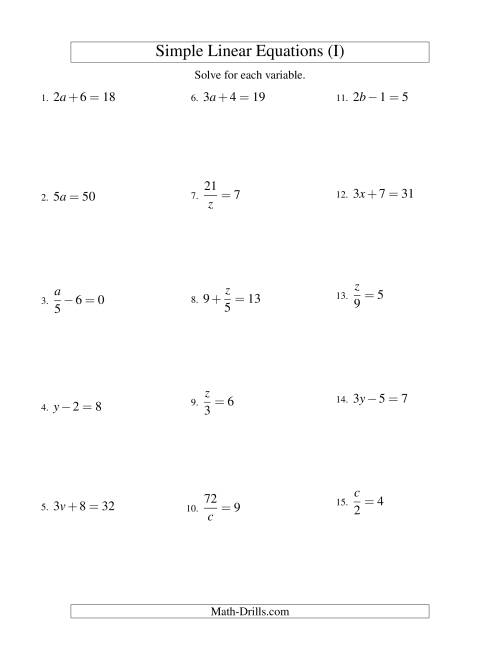 The Solving Linear Equations -- Form ax + b = c Variations (I) Math Worksheet