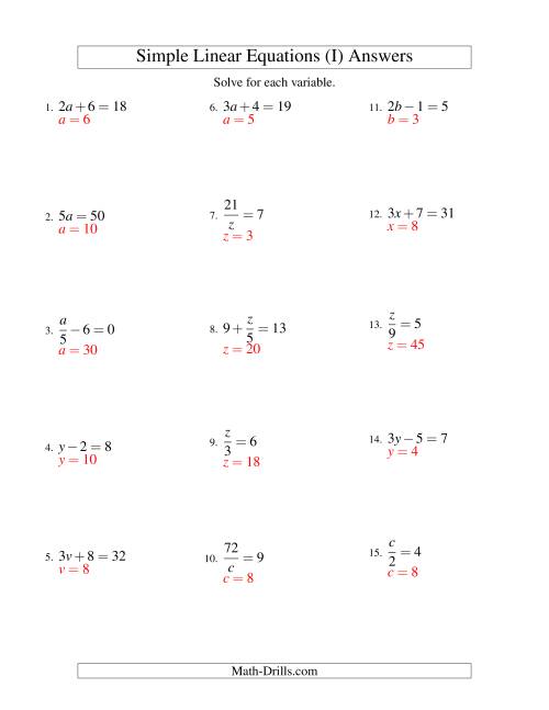 The Solving Linear Equations -- Form ax + b = c Variations (I) Math Worksheet Page 2