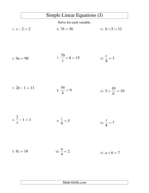 The Solving Linear Equations -- Form ax + b = c Variations (J) Math Worksheet