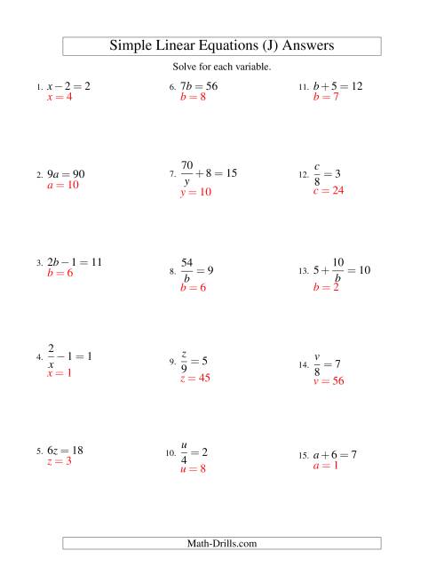 The Solving Linear Equations -- Form ax + b = c Variations (J) Math Worksheet Page 2