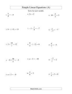 Solving Linear Equations (Including Negative Values) -- Form ax + b = c Variations