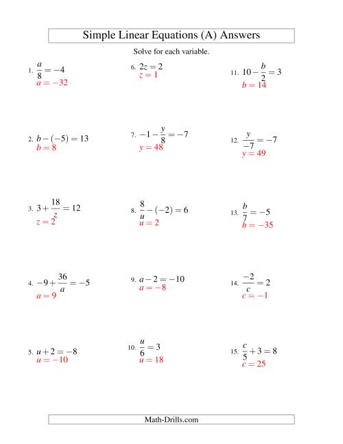 The Solving Linear Equations (Including Negative Values) -- Form ax + b = c Variations (A) Math Worksheet Page 2