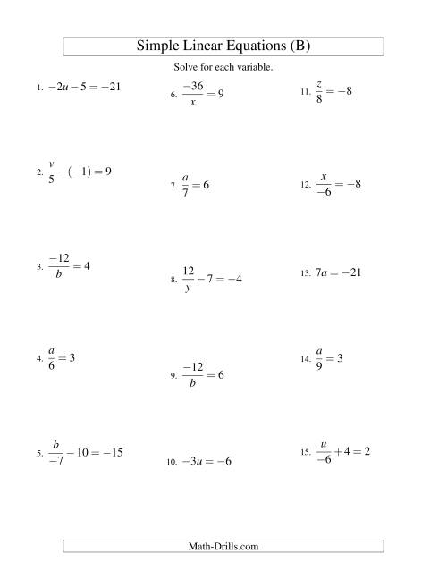 The Solving Linear Equations (Including Negative Values) -- Form ax + b = c Variations (B) Math Worksheet
