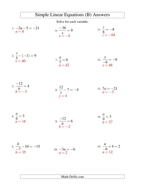 The Solving Linear Equations (Including Negative Values) -- Form ax + b = c Variations (B) Math Worksheet Page 2