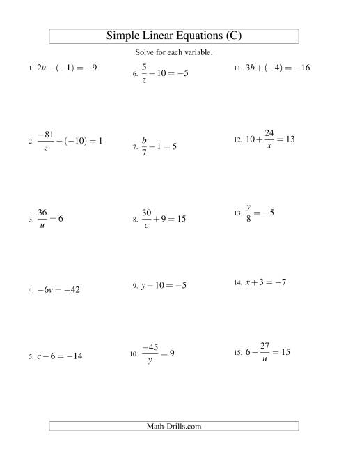 The Solving Linear Equations (Including Negative Values) -- Form ax + b = c Variations (C) Math Worksheet