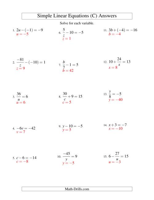 The Solving Linear Equations (Including Negative Values) -- Form ax + b = c Variations (C) Math Worksheet Page 2