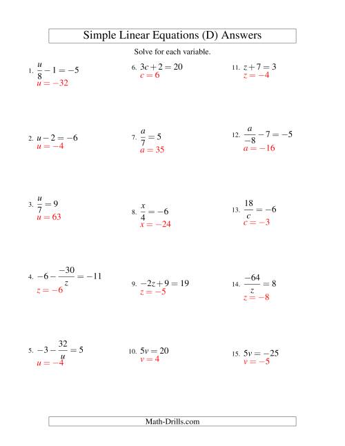 The Solving Linear Equations (Including Negative Values) -- Form ax + b = c Variations (D) Math Worksheet Page 2