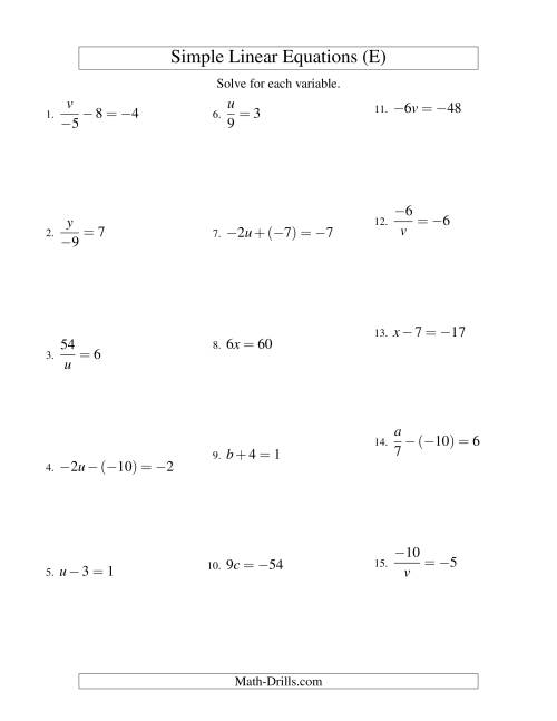 The Solving Linear Equations (Including Negative Values) -- Form ax + b = c Variations (E) Math Worksheet