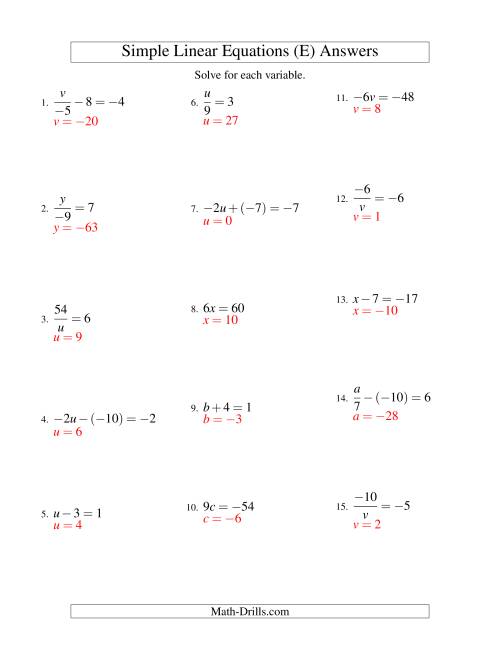 The Solving Linear Equations (Including Negative Values) -- Form ax + b = c Variations (E) Math Worksheet Page 2
