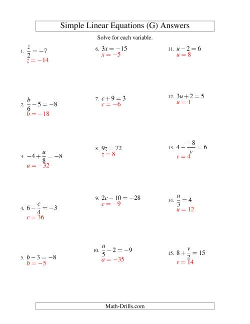 The Solving Linear Equations (Including Negative Values) -- Form ax + b = c Variations (G) Math Worksheet Page 2