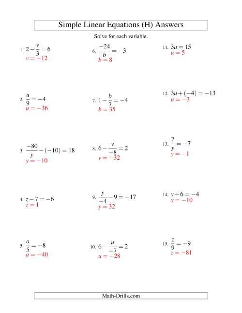 The Solving Linear Equations (Including Negative Values) -- Form ax + b = c Variations (H) Math Worksheet Page 2