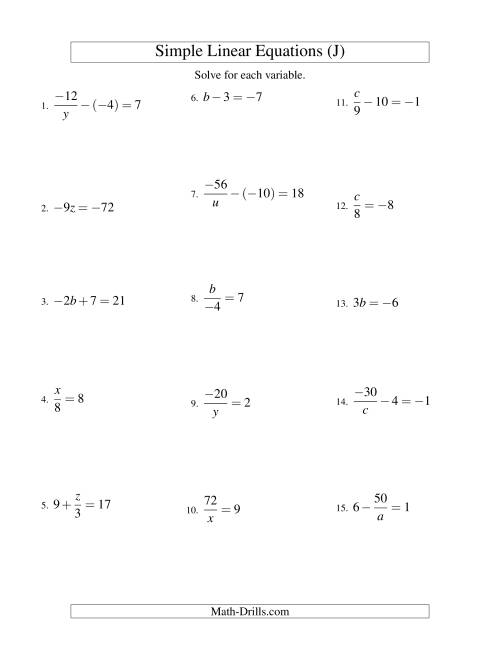 The Solving Linear Equations (Including Negative Values) -- Form ax + b = c Variations (J) Math Worksheet