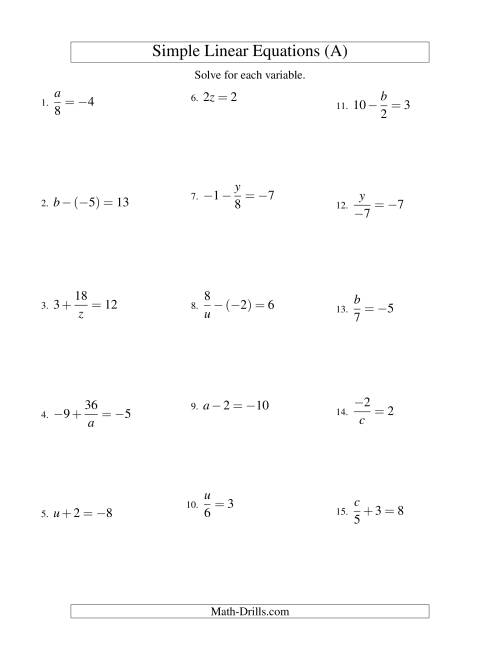 The Solving Linear Equations (Including Negative Values) -- Form ax + b = c Variations (All) Math Worksheet