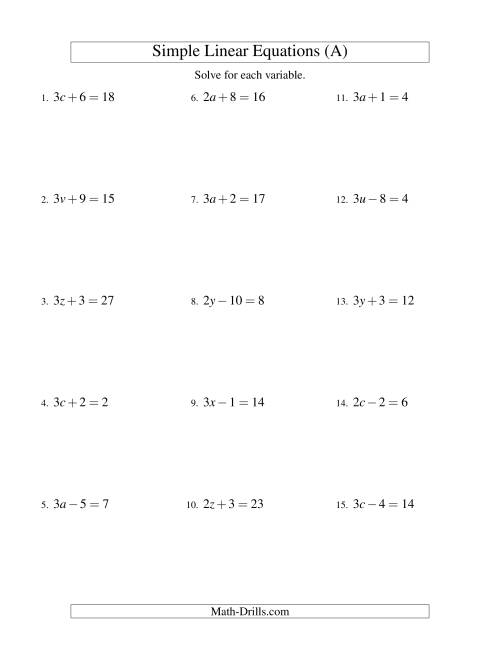 The Solving Linear Equations -- Form ax ± b = c (A) Math Worksheet