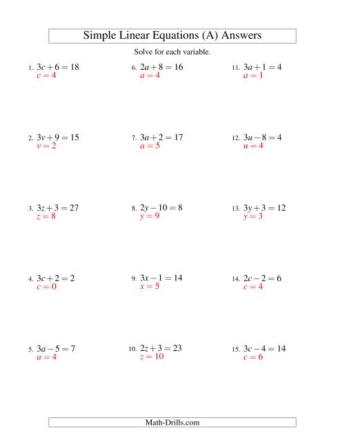 The Solving Linear Equations -- Form ax ± b = c (A) Math Worksheet Page 2