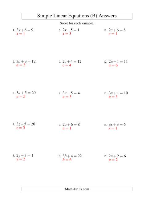 The Solving Linear Equations -- Form ax ± b = c (B) Math Worksheet Page 2