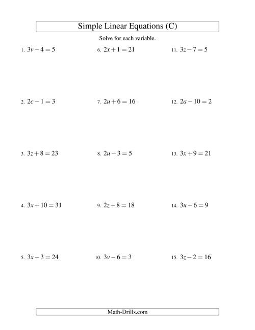 The Solving Linear Equations -- Form ax ± b = c (C) Math Worksheet