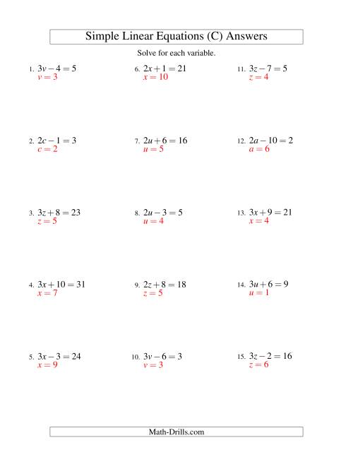 The Solving Linear Equations -- Form ax ± b = c (C) Math Worksheet Page 2