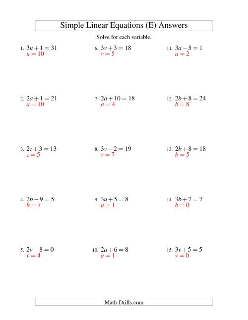 The Solving Linear Equations -- Form ax ± b = c (E) Math Worksheet Page 2