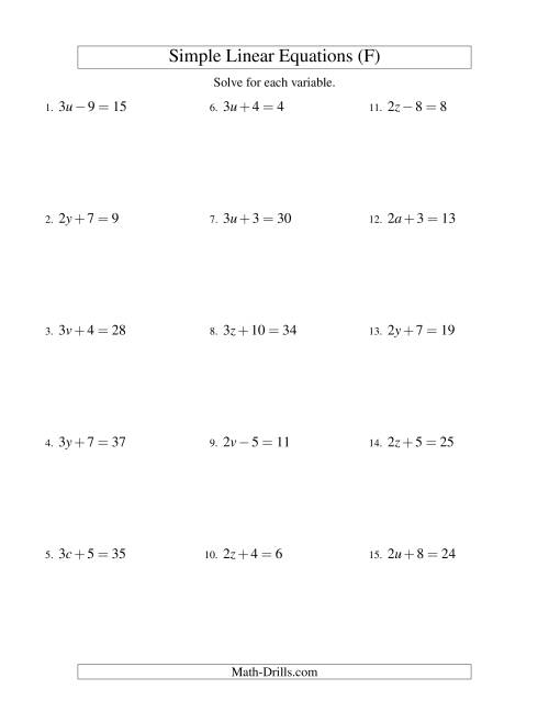 The Solving Linear Equations -- Form ax ± b = c (F) Math Worksheet
