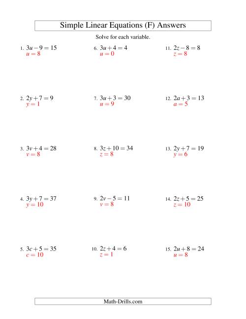 The Solving Linear Equations -- Form ax ± b = c (F) Math Worksheet Page 2
