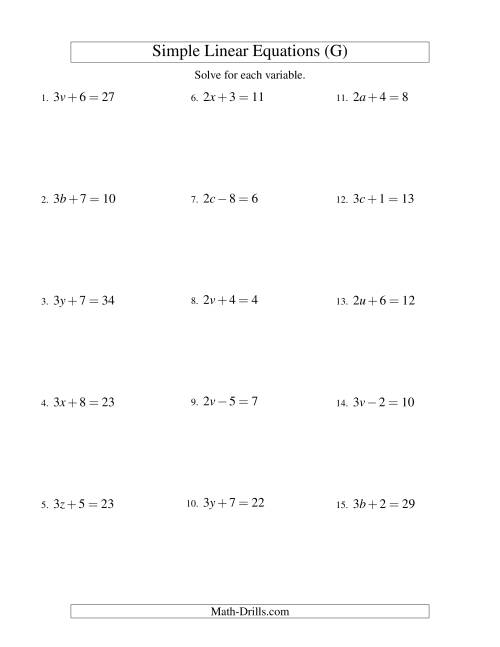 The Solving Linear Equations -- Form ax ± b = c (G) Math Worksheet