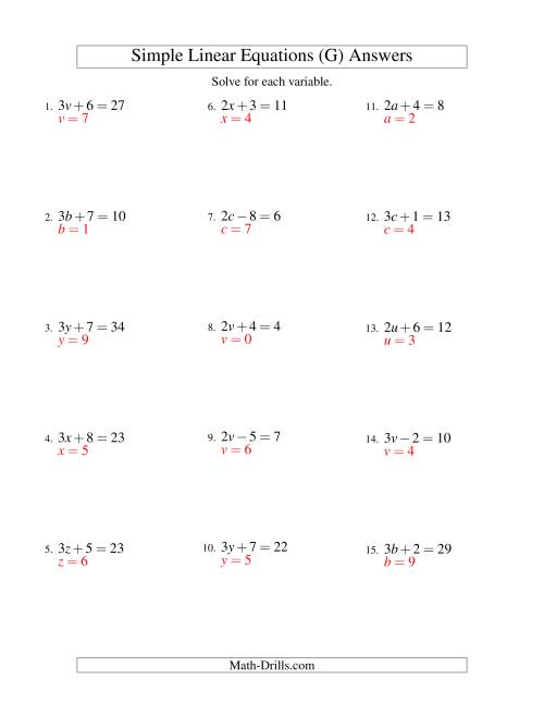 The Solving Linear Equations -- Form ax ± b = c (G) Math Worksheet Page 2