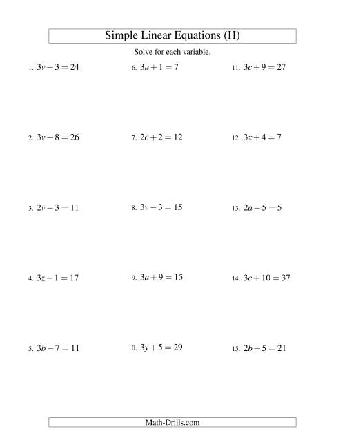 The Solving Linear Equations -- Form ax ± b = c (H) Math Worksheet